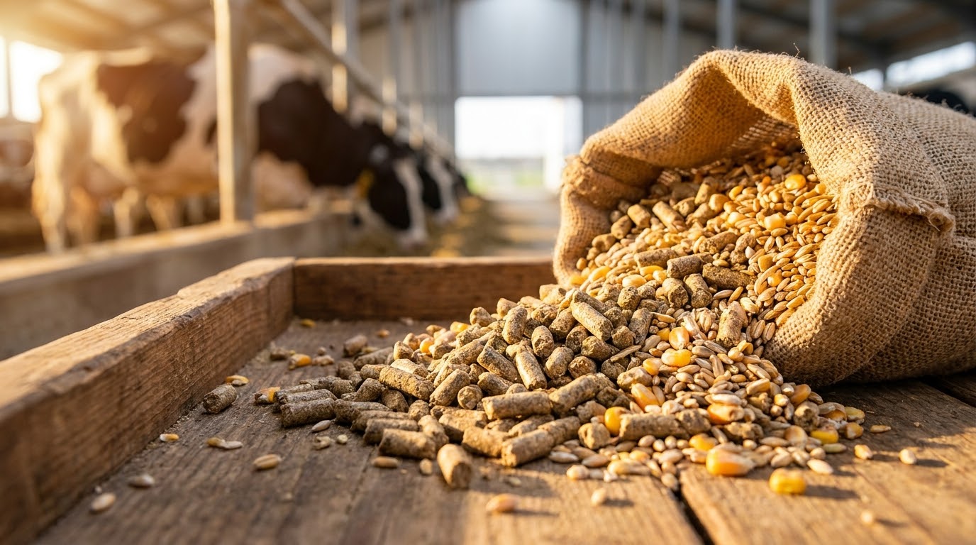 Hochwertige Tierfutterpellets und Getreide mit Milchkühen im Hintergrund